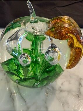 Scottish Art Glass Apple Paperweight Green Amber Hand Blown Crystal Style